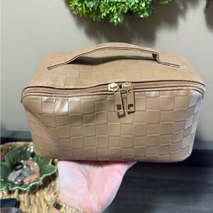 Tan Checkered Cosmetic Bag